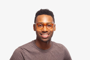 Butterscotch Allen eyeglasses by Chemistrie worn by male model, front view