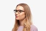Blue Tortoise Allison eyeglasses by Chemistrie worn by female model, side view