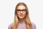 Tortoise Allison eyeglasses by Chemistrie worn by female model, front view