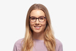 Crystal Burgundy Alyssa eyeglasses by Chemistrie worn by female model, front view