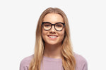 Blue Stripe Amy eyeglasses by Chemistrie worn by female model, front view