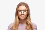 Blue Stripe Blair eyeglasses by Chemistrie worn by female model, front view