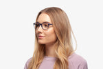 Blue Stripe Blair eyeglasses by Chemistrie worn by female model, side view