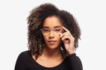 Crystal Blair eyeglasses by Chemistrie worn by female model, front view