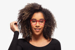 Burgundy Bravo eyeglasses by Chemistrie worn by female model, front view