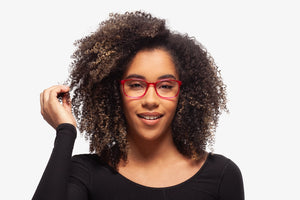 Burgundy Bravo eyeglasses by Chemistrie worn by female model, front view
