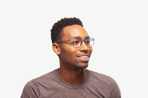 Grey Bravo eyeglasses by Chemistrie worn by male model, side view