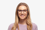 Blue Stripe Chriss eyeglasses by Chemistrie worn by female model, front view
