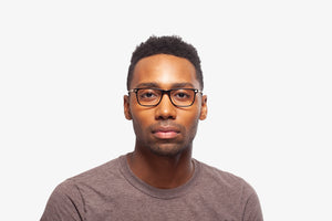 Black Evan eyeglasses by Chemistrie worn by male model, front view