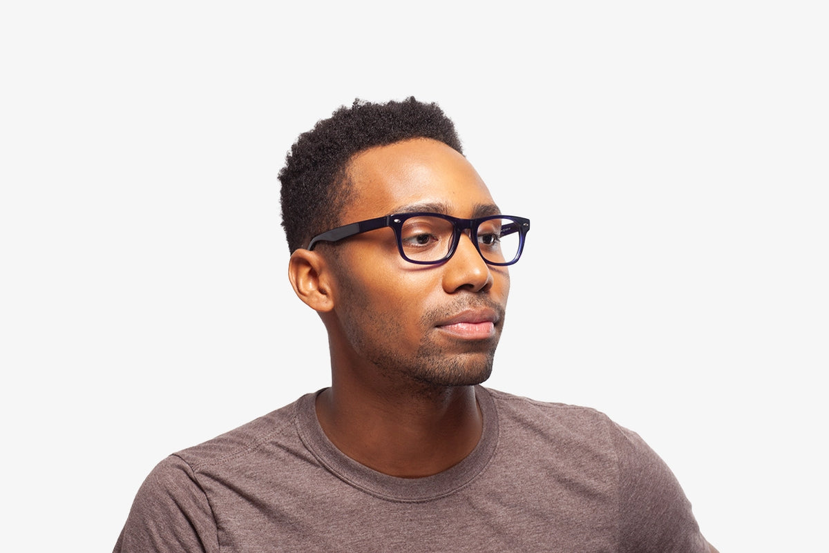 Crystal Blue Jack eyeglasses by Chemistrie worn by male model, side view