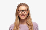 Black Laura eyeglasses by Chemistrie worn by female model, front view