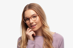 Pink Margot eyeglasses by Chemistrie worn by female model, front view