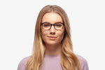 Tortoise Milan eyeglasses by Chemistrie worn by female model, front view