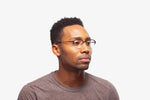 Amber Tortoise Miller eyeglasses by Chemistrie worn by male model, side view