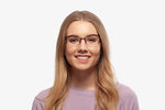 Black Burgundy Natalie eyeglasses by Chemistrie worn by female model, front view