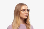 Black Burgundy Natalie eyeglasses by Chemistrie worn by female model, side view