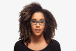 Teal Nicky eyeglasses by Chemistrie worn by female model, front view