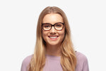 Tortoise Robin eyeglasses by Chemistrie worn by female model, front view