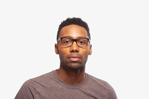 Crystal Dark Blue Sam eyeglasses by Chemistrie worn by male model, front view