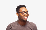 Blue Grey Siena eyeglasses by Chemistrie worn by male model, side view