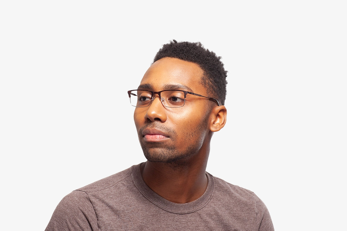 Amber Tortoise Thomas eyeglasses by Chemistrie worn by male model, side view