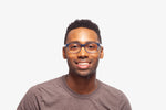 Blue Stripe Verona eyeglasses by Chemistrie worn by male model, front view