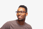 Blue Stripe Verona eyeglasses by Chemistrie worn by male model, side view