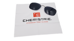White eyewear cleaning cloth with Chemistrie logo and a sunglasses clip on a white background
