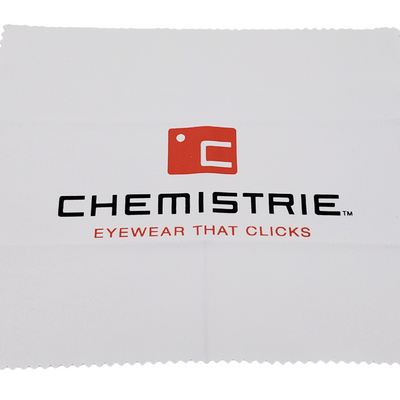 White eyewear cleaning cloth with Chemistrie logo on a white background