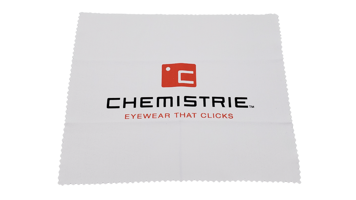 White eyewear cleaning cloth with Chemistrie logo on a white background