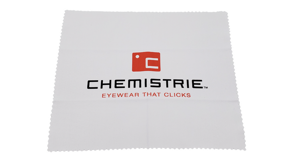 White eyewear cleaning cloth with Chemistrie logo on a white background