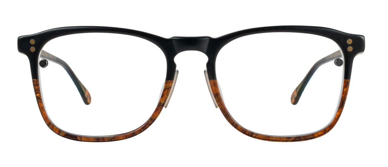 A Chemistrie eyeglass frame with a magnetic sun clip fitted over its lenses